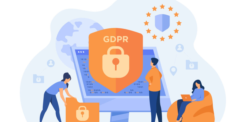 Tiny people protecting business data and legal information isolated flat vector illustration. General privacy regulation for protection of personal data. GDPR and privacy politics concept